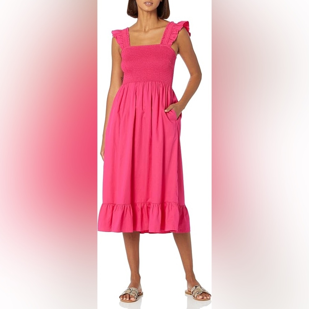 The Drop Kimi Ruffled Shoulder Smocked Midi Dress